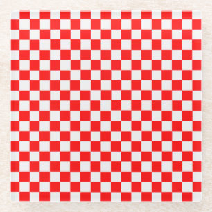 Red And White Classic Chequerboard by STaylor Glass Coaster
