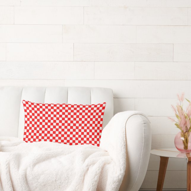 Red And White Classic Chequerboard by STaylor Lumbar Cushion (Couch)