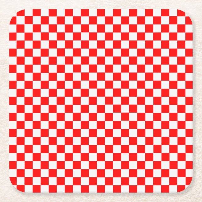 Red and White Classic Chequerboard by STaylor Square Paper Coaster (Front)