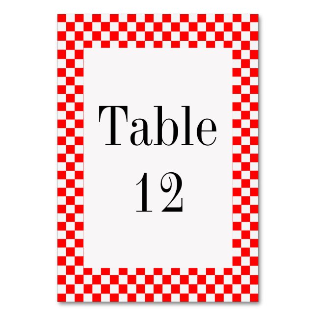 Red and White Classic Chequerboard by STaylor Table Number (Front)