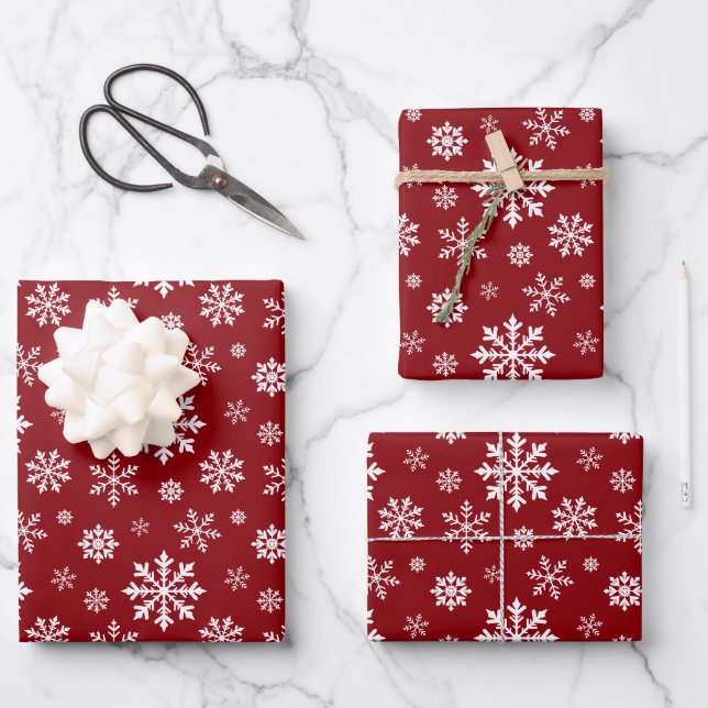 Red And White Classic Holiday Snowflake Pattern Wrapping Paper Sheet (Front)