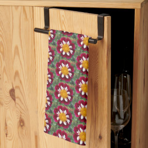 Red and White Collarette Dahlia Floral Pattern Tea Towel