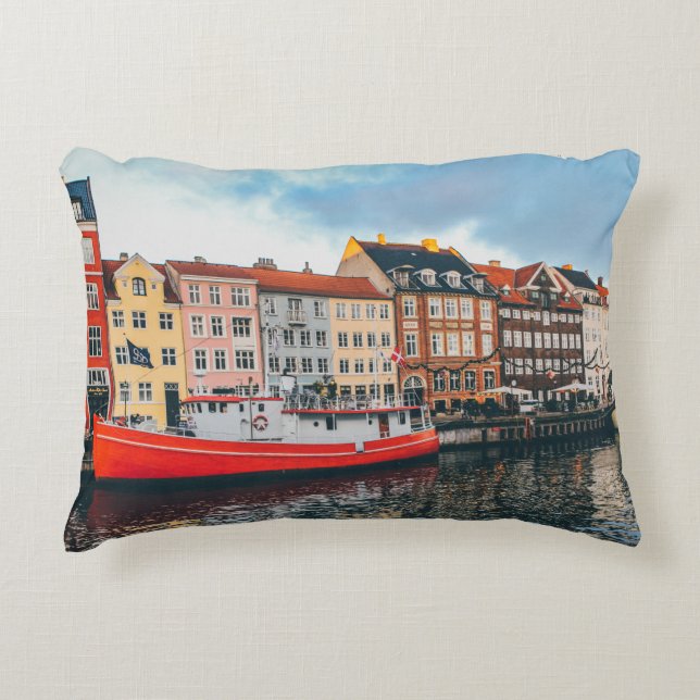 RED AND WHITE CONCRETE BUILDING DECORATIVE CUSHION (Front)