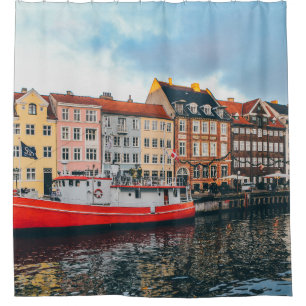RED AND WHITE CONCRETE BUILDING SHOWER CURTAIN
