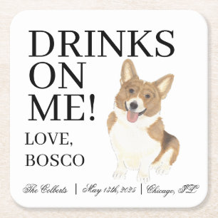 Red and White Corgi Dog Wedding Square Paper Coaster
