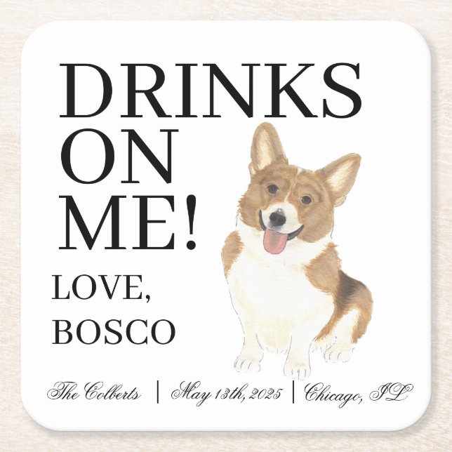 Red and White Corgi Dog Wedding Square Paper Coaster (Front)