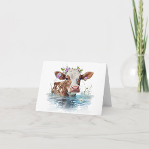 Red and White Cow with Pond and Flowers BLANK  Card