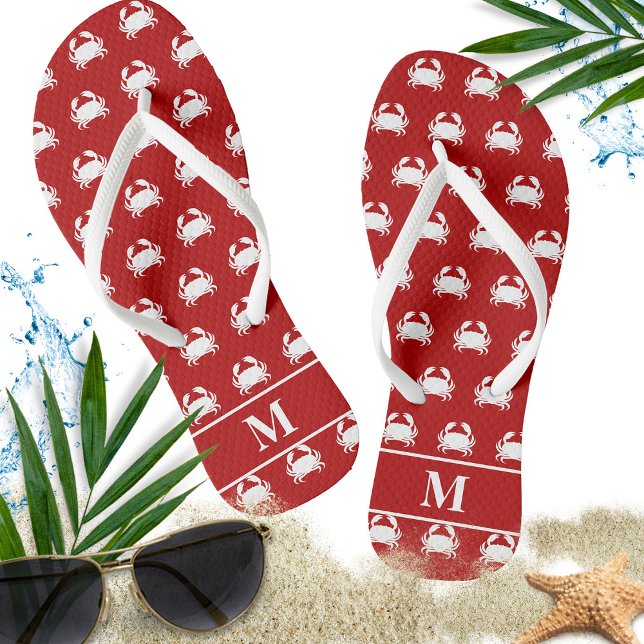 Red and White Crab Pattern Nautical Personalise Jandals (monogram with white crab and red background)