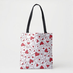 Red and white curly hearts tote bag