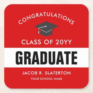 Red and White Custom Graduation Square Paper Coaster
