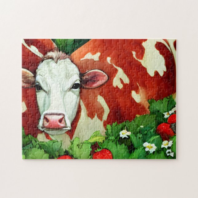 Red and White Dairy Cow in a Strawberry Patch  Jigsaw Puzzle (Horizontal)
