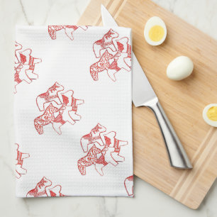 Red and White Dala Horses Kitchen towel