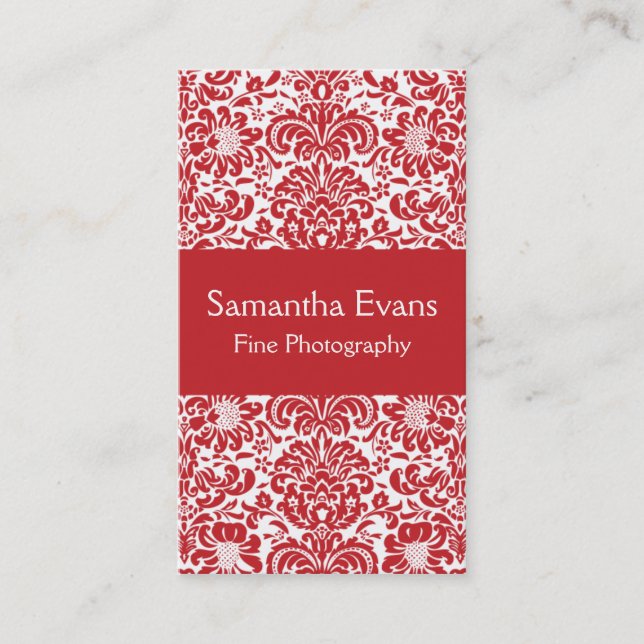 Red and White Damask Business Card (Front)