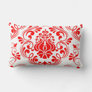 Red and White Damask Floral Elegant Pattern Lumbar Cushion