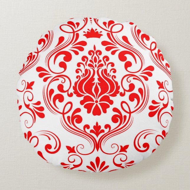 Red and White Damask Floral Elegant Pattern Round Cushion (Front)