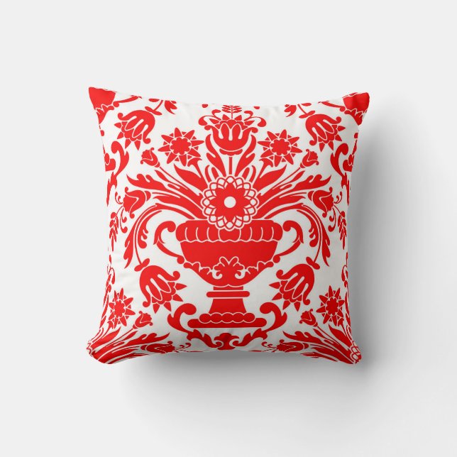 Red and White Damask Floral Pattern Elegant Cushion (Front)