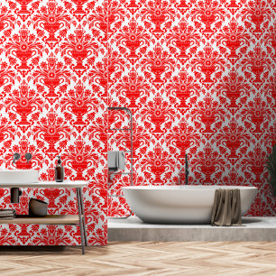 Red and White Damask Floral peel and stick Wallpaper