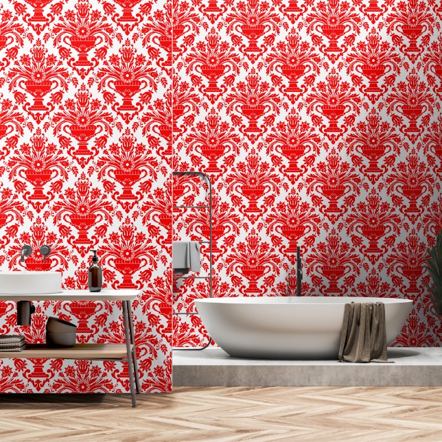 Red and White Damask Floral peel and stick Wallpaper (Bathroom)