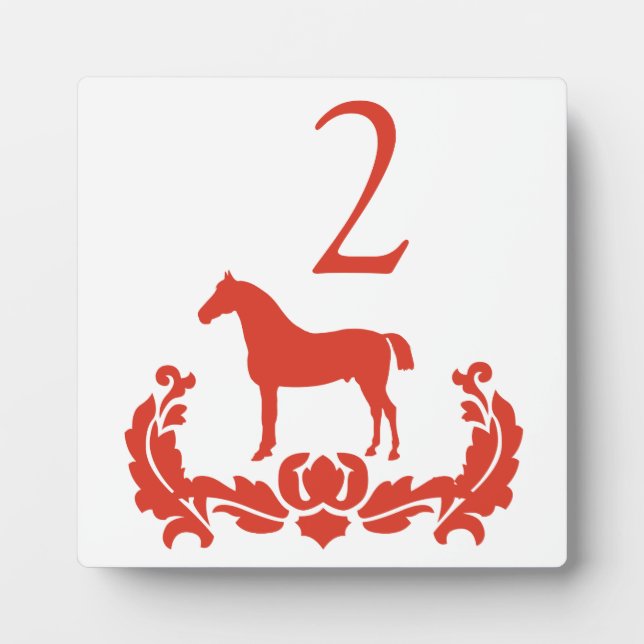 Red and White Damask Horse Table Number Plaque (Front)