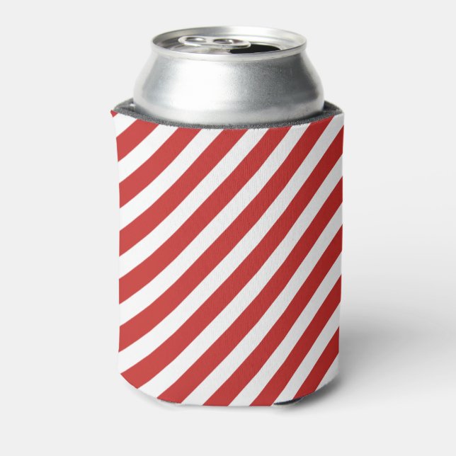 Red and White Diagonal Stripe Pattern Can Cooler (Can Back)