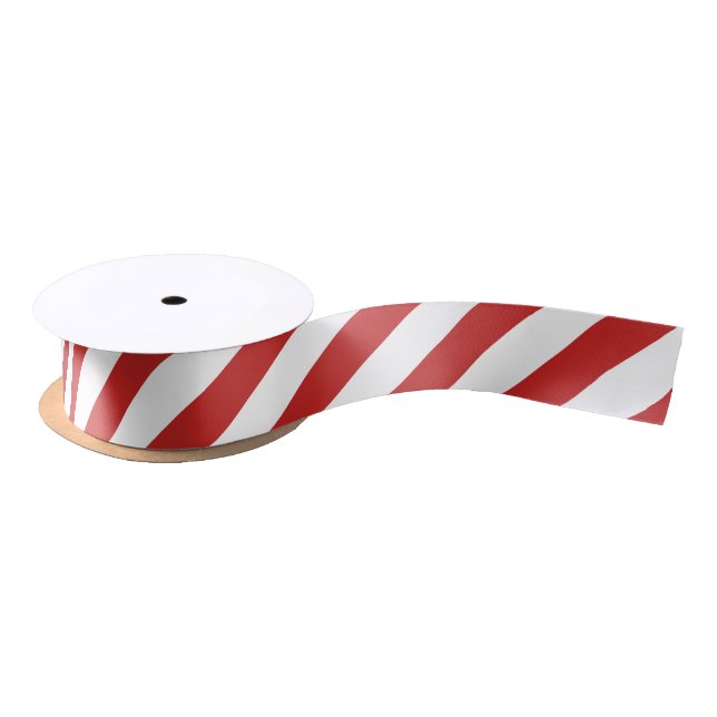 Red and White Diagonal Stripe Pattern Satin Ribbon (Spool)