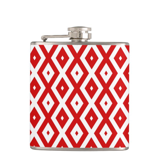 Red and white diamond pattern hip flask (Front)