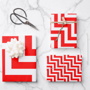 Red and White Different Sizes Diagonal Chevron Wrapping Paper Sheet