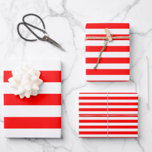 Red and White Different Sizes Horizontal Stripes Wrapping Paper Sheet