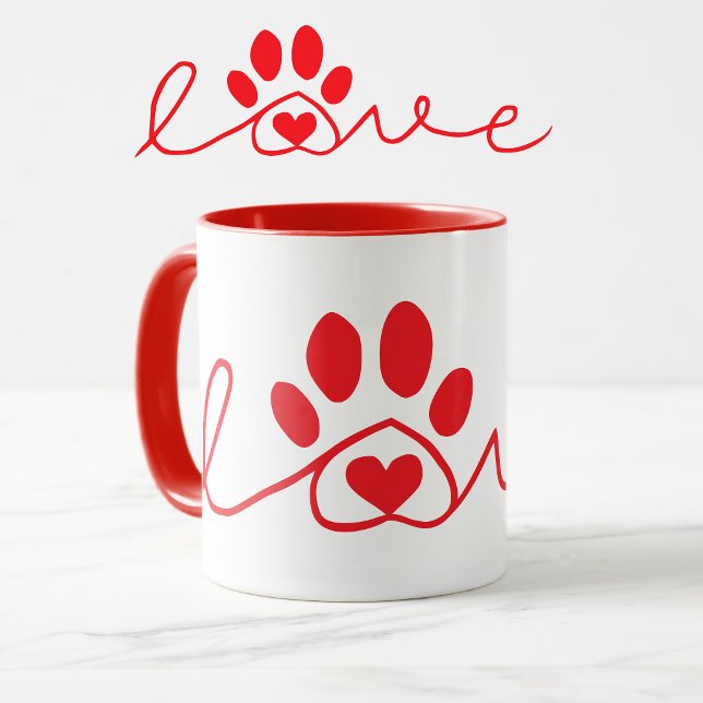 Red and White Dog Love Mug (Dog love with paw print mug in red and white.)