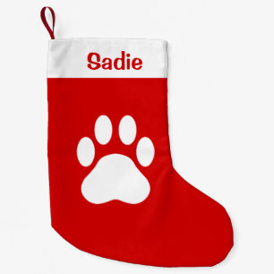 Red And White Dog Paw Silhouette With Custom Name Small Christmas Stocking