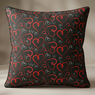 Red and White Doodle Hearts Love Script On Black Fabric