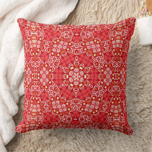 Red and white ethnic boho ornament rustic cushion