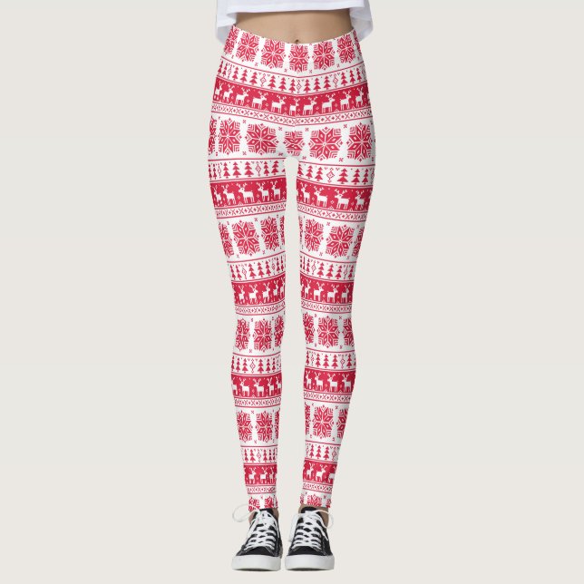 Red and White Fair Isle Christmas Leggings (Front)