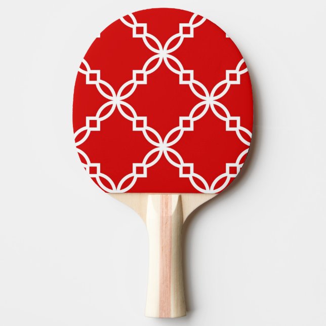 Red and White Fancy Quatrefoil Pattern Ping Pong Paddle (Front)