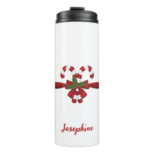 Red And White Festive Candy Canes Bow And Text Thermal Tumbler