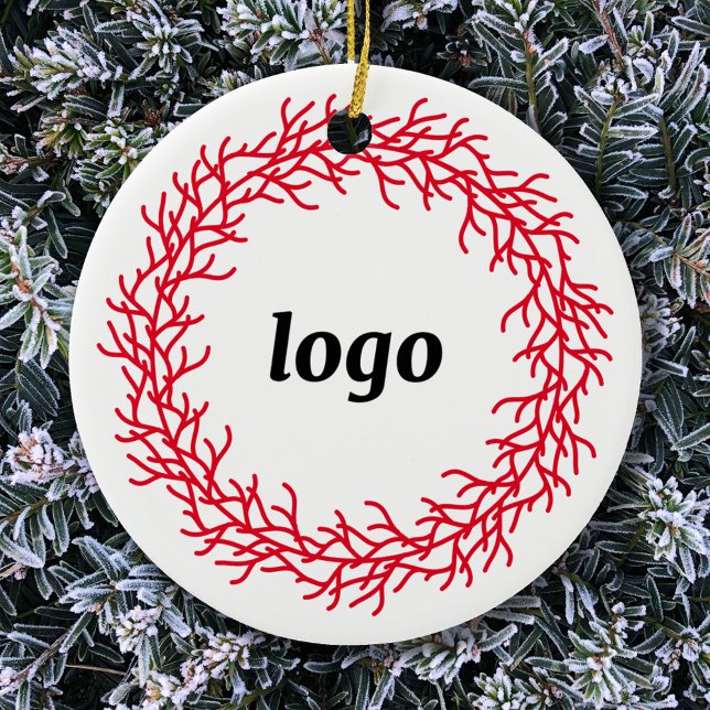 Red and White Festive Wreath Logo Business Ceramic Tree Decoration (Logo wreath business promotional ceramic holiday ornament)