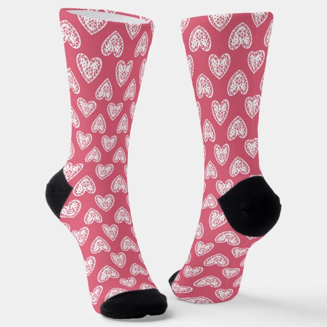 Red and White Filigree Hearts  Socks (Angled)