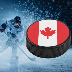 Red and White Flag of Canada Hockey Puck