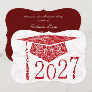 Red and White Floral Cap 2027 Graduation Party Invitation
