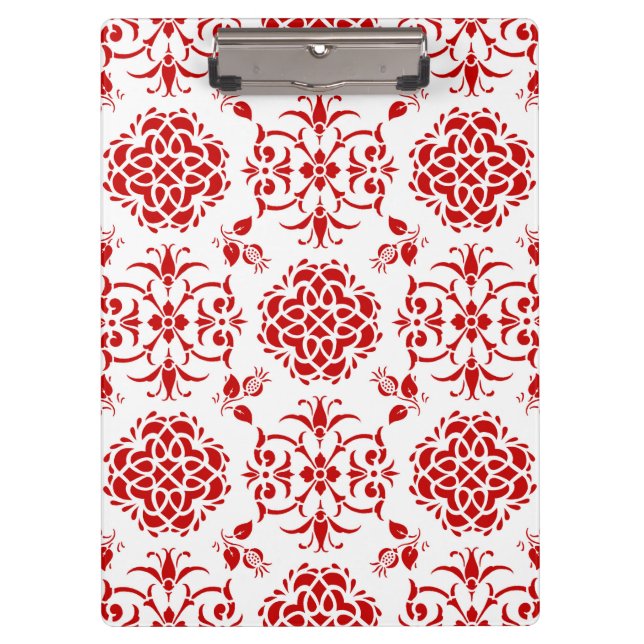 Red and White Floral Damask Style Pattern Clipboard (Front)