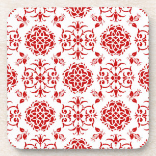 Red and White Floral Damask Style Pattern Coaster