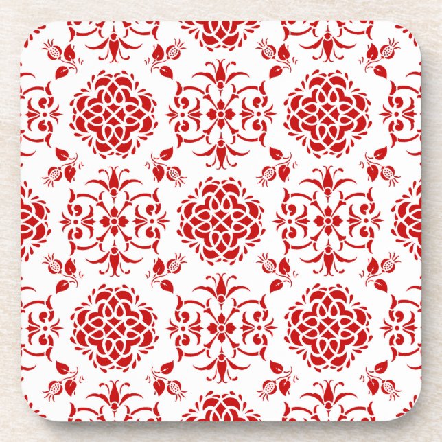 Red and White Floral Damask Style Pattern Coaster (Front)