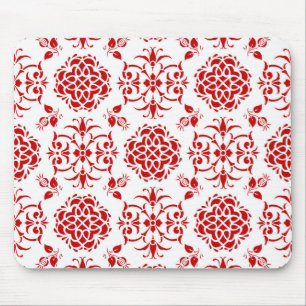 Red and White Floral Damask Style Pattern Mouse Pad
