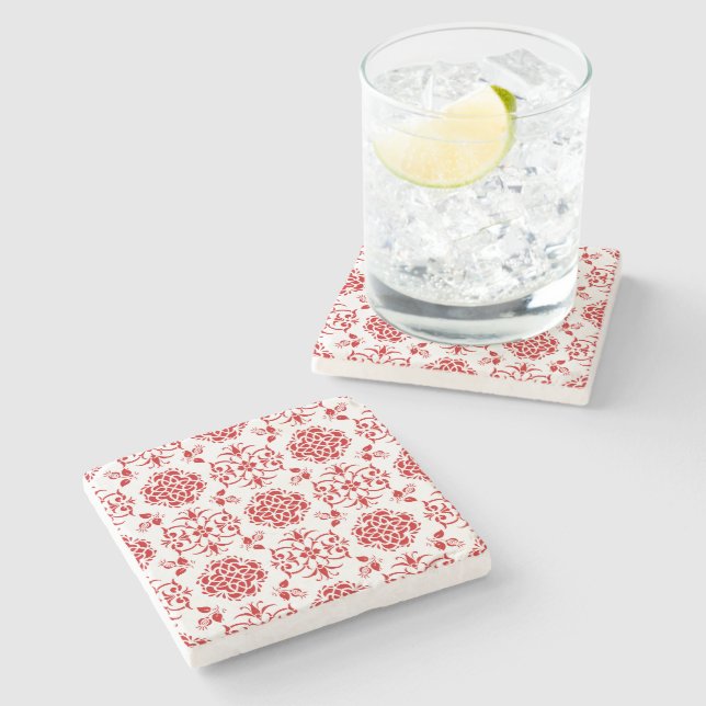 Red and White Floral Damask Style Pattern Stone Coaster (Side)