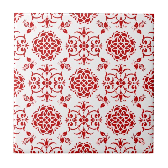 Red and White Floral Damask Style Pattern Tile (Front)