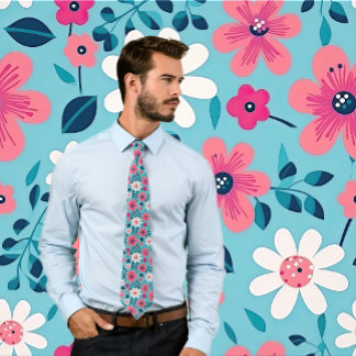 Red and White Floral Design on Light Blue Tie