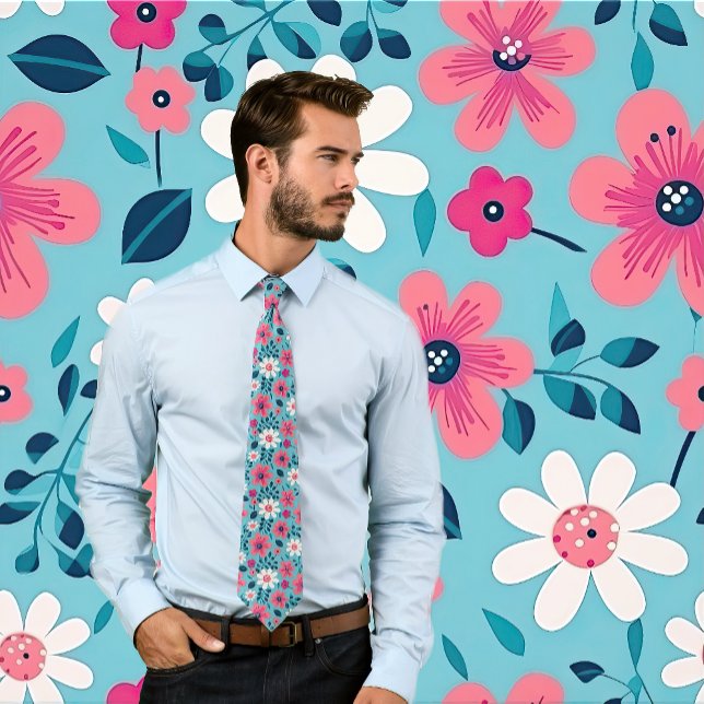 Red and White Floral Design on Light  Blue  Tie (Man wears a floral design necktie featuring red and white flowers on a light blue.)