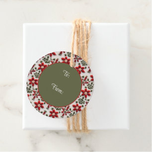 Red and White Floral Embroidery Favour Tags