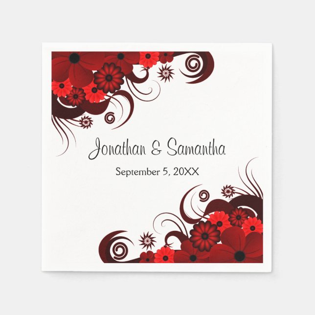 Red and White Floral Gothic Wedding Paper Napkins (Front)