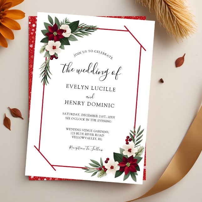 Red and White Floral Greenery Geometric Wedding Invitation (Creator Uploaded)